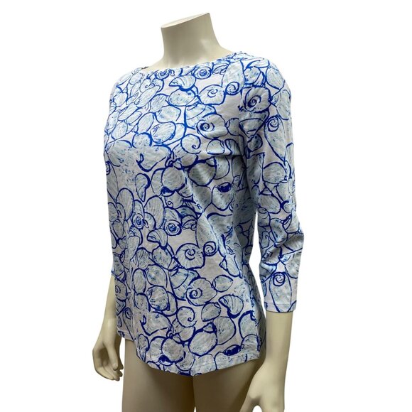 Talbots Womens 3/4 Sleeve Blue & White Seashell Print Top Cotton Blend Md - Picture 3 of 6